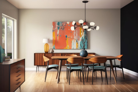 mid-century modern dining room, with sleek furniture and bold art, created with generative aiの素材