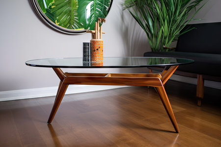mid-century coffee table, with sleek lines and glass top, created with generative aiの素材