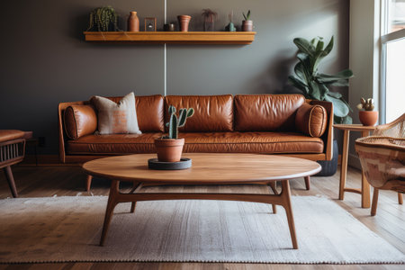 mid-century leather sofa and coffee table in living room, created with generative aiの素材