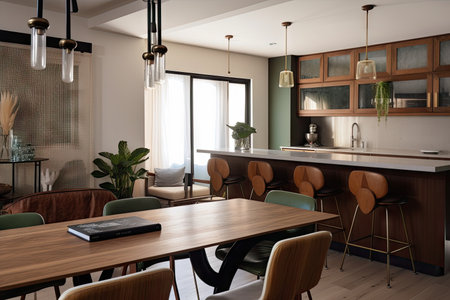 mid-century modern dining room, with bar seating and mix of metal and wood furniture, created with generative aiの素材