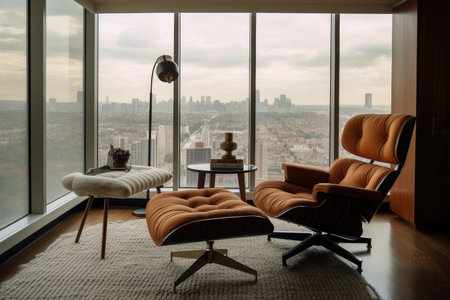 mid-century modern chair and ottoman in living room, with view of city skyline, created with generative aiの素材