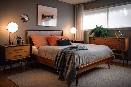 mid-century modern bedroom, with sleigh bed and side table lamp, created with generative aiの素材