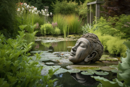 peaceful garden with meditative sculpture and serene pond, created with generative aiの素材