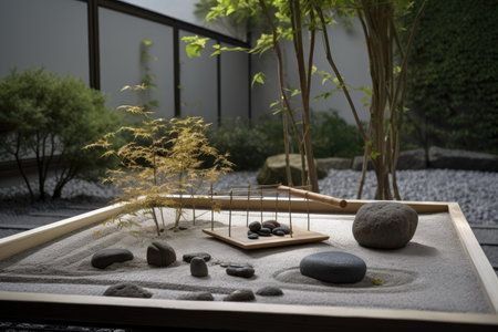 zen garden with minimalist sculptures and natural materials, created with generative aiの素材