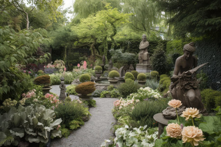 garden with sculptures and art, surrounded by blooming flowers and lush greenery, created with generative aiの素材