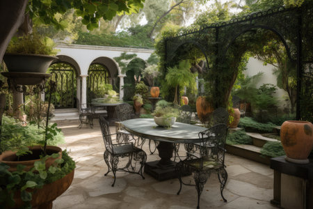 outdoor dining area surrounded by beautiful garden and sculptures, created with generative aiの素材