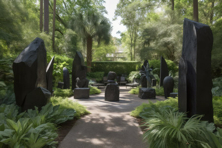 sculpture garden with a variety of sculptures and plantings, surrounded by lush greenery, created with generative aiの素材