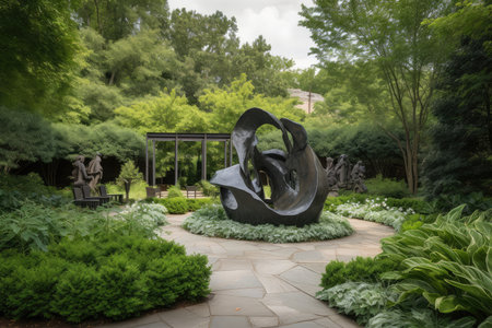 sculpture garden with a variety of sculptures and plantings, surrounded by lush greenery, created with generative aiの素材