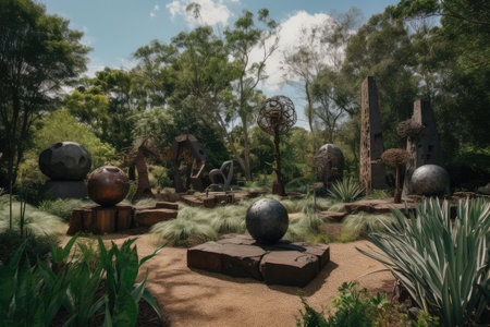 large-scale sculpture garden, with a variety of sculptures and natural elements, created with generative aiの素材
