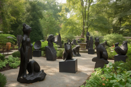 sculpture garden with mix of contemporary and classic sculptures, created with generative aiの素材