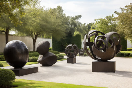 sculpture garden with mix of contemporary and classic sculptures, created with generative aiの素材