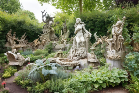a garden with sculptures of mythical creatures and fairies, created with generative aiの素材