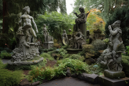a garden with sculptures of mythical creatures and fairies, created with generative aiの素材