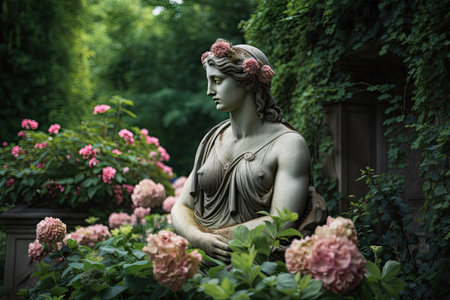 classical sculpture surrounded by lush greenery and blooming flowers, created with generative aiの素材