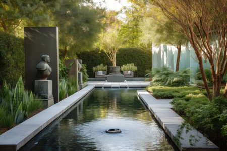 peaceful garden with modern sculptures and water features, created with generative aiの素材