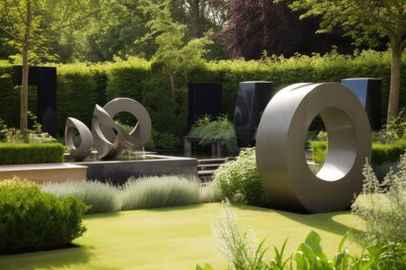 peaceful garden with modern sculptures and water features, created with generative aiの素材