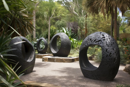 sculpture garden with a variety of sculptures, including traditional and abstract, in natural or contemporary settings, created with generative aiの素材