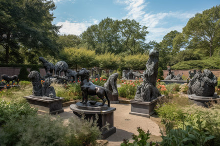 sculpture garden with a variety of sculptures, including floral and animal designs, created with generative aiの素材