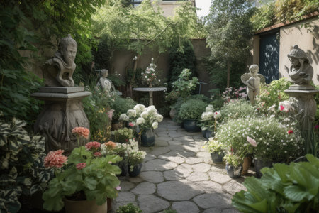 small garden with a variety of sculptures and flowers, created with generative aiの素材