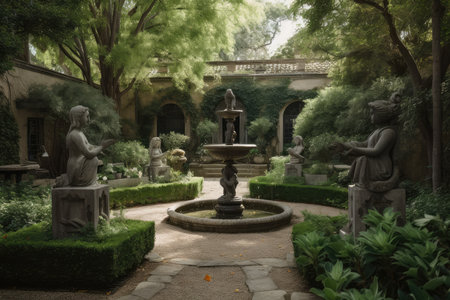 garden with sculptures and fountains, surrounded by lush greenery, created with generative aiの素材