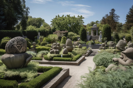 a beautiful garden with sculptures and art at its center, created with generative aiの素材