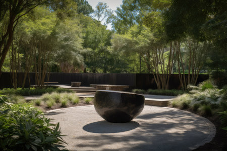 sculpture garden with water feature, providing peaceful and serene setting, created with generative aiの素材