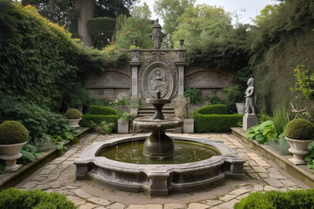 remarkable garden with intricate sculptures and water features, created with generative aiの素材