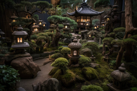 bonsai garden with sculptures and lanterns in the background, created with generative aiの素材