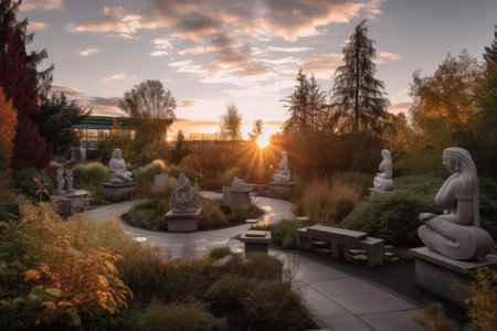 garden with view of sunset and sculptures in the foreground, created with generative aiの素材