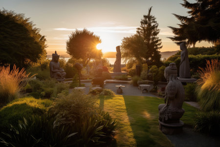 garden with view of sunset and sculptures in the foreground, created with generative aiの素材