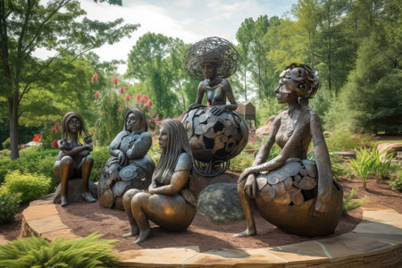 sculpture garden with diverse and whimsical sculptures welcoming visitors to enjoy, created with generative aiの素材