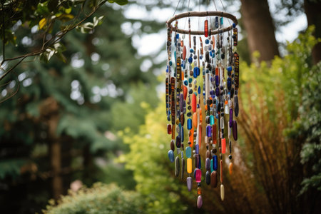 wind chime sculpture with rainbow of colors hanging from a tree in the garden, created with generative aiの素材