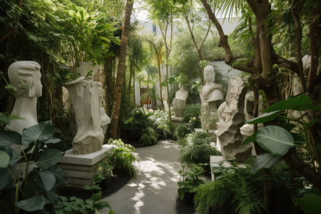 a garden filled with sculptures and greenery bringing nature into the home, created with generative aiの素材