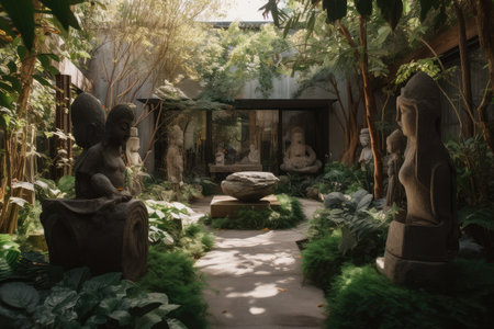 a garden filled with sculptures and greenery bringing nature into the home, created with generative aiの素材