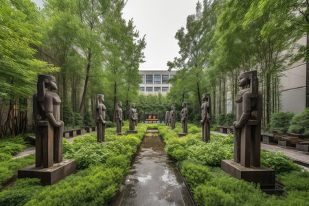 a sculpture garden with sculptures and greenery in the foreground, created with generative aiの素材