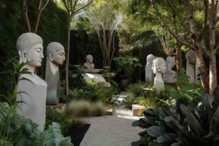 a garden with sculptures and plants, creating a peaceful and serene atmosphere, created with generative aiの素材