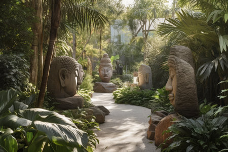 a garden with sculptures and plants, creating a peaceful and serene atmosphere, created with generative aiの素材