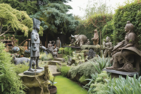 garden with eclectic mix of sculptures, including animal and human figures, created with generative aiの素材