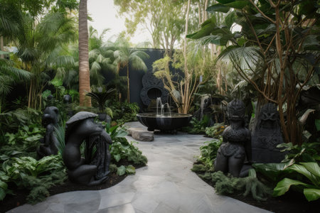 tropical garden with sculptures and water features, created with generative aiの素材