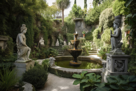 garden with many sculptures and water features, surrounded by lush greenery, created with generative aiの素材