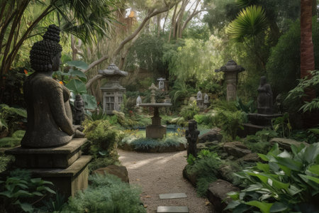 garden with many sculptures and water features, surrounded by lush greenery, created with generative aiの素材