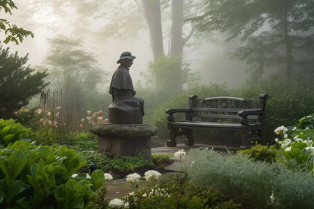 misty garden with bronze figurine and stone bench, created with generative aiの素材