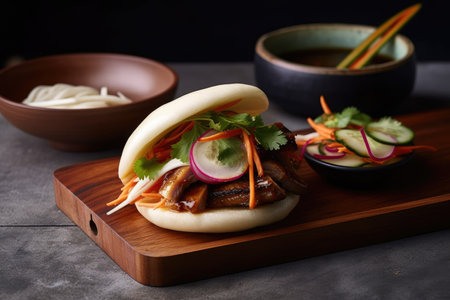bao bun with slow-cooked pork belly and pickled vegetables, created with generative aiの素材