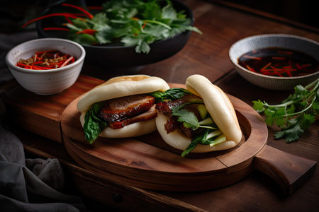 bao bun, filled with juicy and tender pork belly, created with generative aiの素材