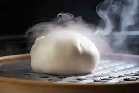 close-up of bao bun, with steam rising from the filling, created with generative aiの素材
