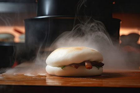 close-up of bao bun, with steam rising from the filling, created with generative aiの素材