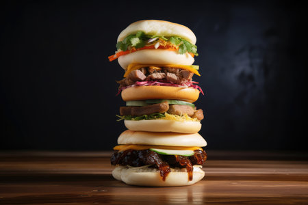 bao bun tower, stacked high with different buns and fillings for creative takeout or on-the-go meal, created with generative aiの素材