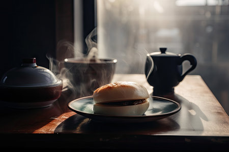 chilly winter morning with steaming bao bun and hot coffee, created with generative aiの素材