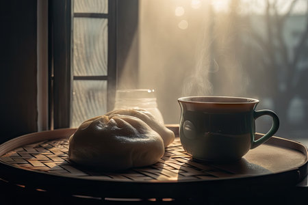 chilly winter morning with steaming bao bun and hot coffee, created with generative aiの素材