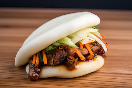bao bun topped with meaty, savory filling and drizzle of sweet sauce, created with generative aiの素材